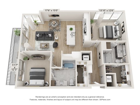Floor plan for 2 beds, 2 baths, 1286 sqft